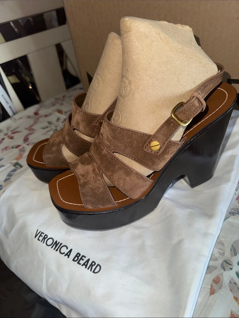 Veronica Beard Chestnut Suede Platform Slingback Sandals